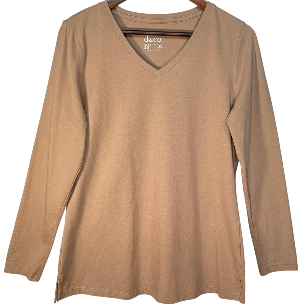 D&Co Essentials Womens Tan V-Neck Long Sleeve T-Shirt Cotton Stretch XS A566725